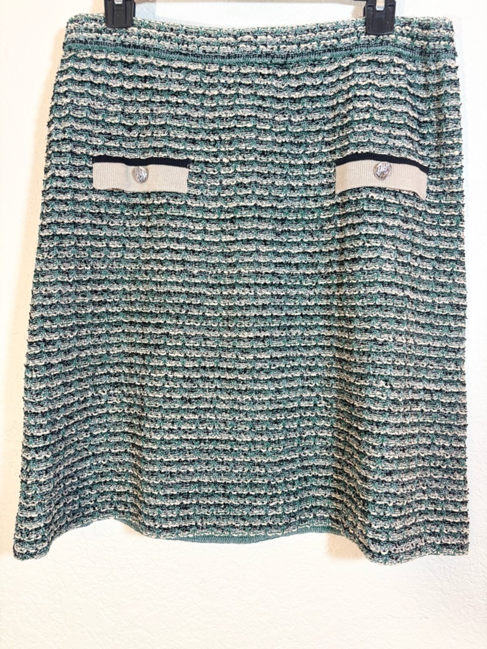 MING WANG Medium Contrast Detail Tweed Knit Pencil Skirt Luxury Green Tan